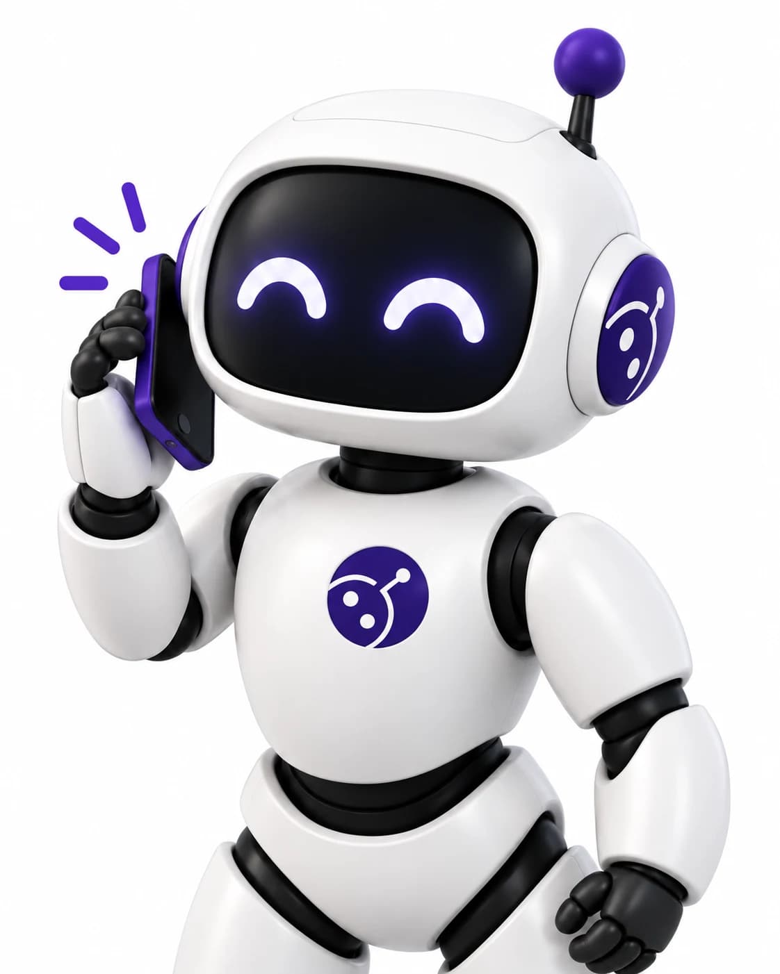 The smiling Trend Hubs robot, ready to help with a purple phone